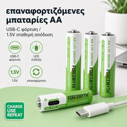 Επαναφορτιζόμενες μπαταρίες λιθίου  AA, 1.5V με θύρα USB
